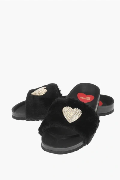 Moschino Love Faux Fur Detail Birki30 Slides In Black