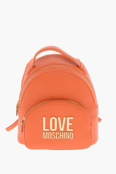 Moschino Love Faux Leather Backpack With Golden Logo In Brown