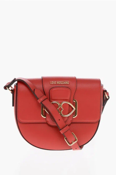 Moschino Love Faux Leather Crossbody Bag With Double Metal Heart In Black