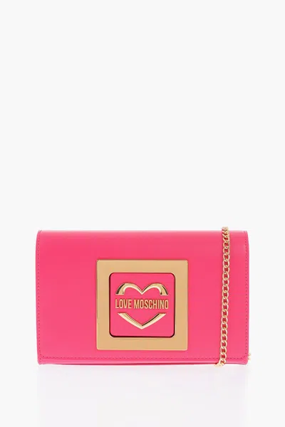 Moschino Love Faux Leather Crossbody Bag With Metal Golden Logo In Pink