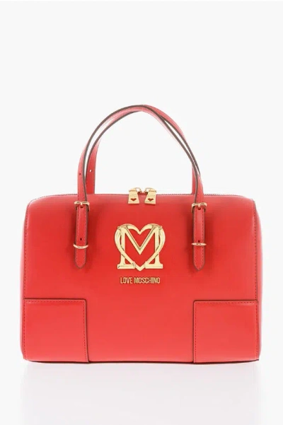 Moschino Love Faux Leather Handbag With Metal Golden Logo In Black