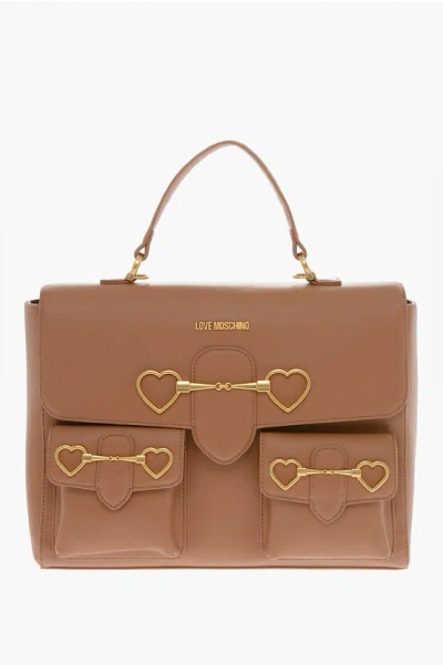 Moschino Love Faux Leather Handle Bag With Pockets And Clamp Front In Brown