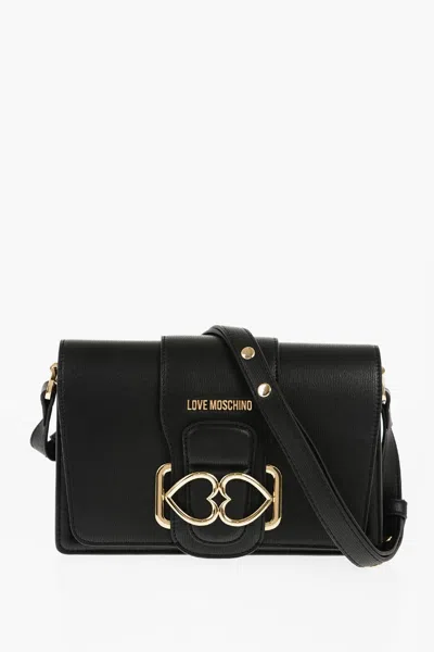 Moschino Love Faux Leather Love Bridge Shoulder Bag With Double Heart In Black