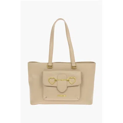 Moschino Love Faux Leather Maxi Front Pocket Tote Bag With Heart Women's Clam