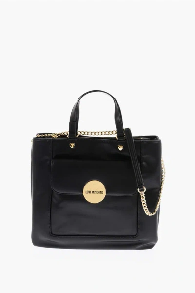 Moschino Love Faux Leather Maxi Monogram Handle Bag With Removable Ne In Black