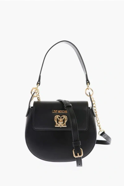 Moschino Love Faux Leather Mini Saddle Bag With Golden Closure Turn L In Black