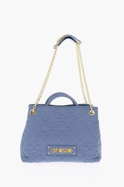 Moschino Love Faux Leather Quilted Hand Bag With Golden Chain In Black