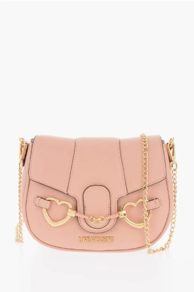 Moschino Love Faux Leather Saddle Bag With Golden Heart Shaped Clamp In Brown