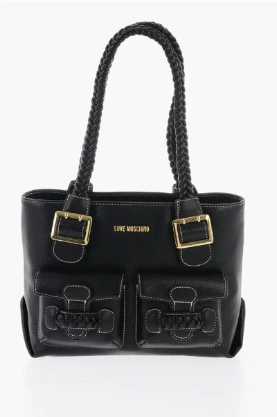 Moschino Love Faux Leather Shoulder Bag With Braided Handle In Blue