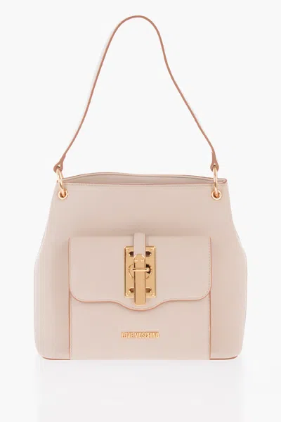 Moschino Love Faux Leather Shoulder Bag With Golden Details In Beige