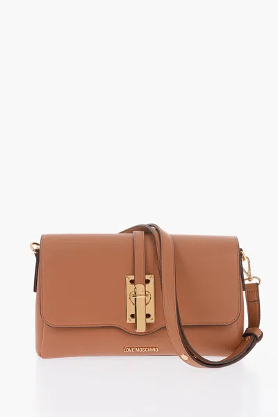 Moschino Love Faux Leather Shoulder Bag With Golden Details In Brown
