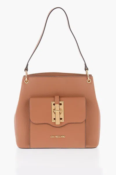 Moschino Love Faux Leather Shoulder Bag With Golden Details In Brown