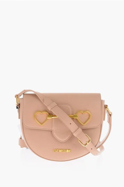 Moschino Love Faux Leather Shoulder Bag With Golden Heart Clamp In Brown