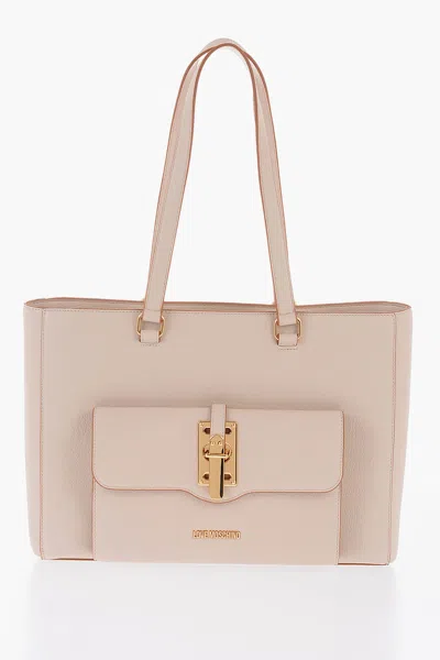 Moschino Love Faux Leather Tote Bag With Golden Details In Beige