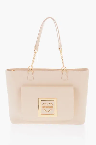 Moschino Love Faux Leather Tote Bag With Golden Details In Beige