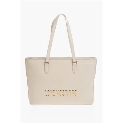 Moschino Love Faux Leather Tote Bag With Golden Embossed Maxi Logo In Neutral