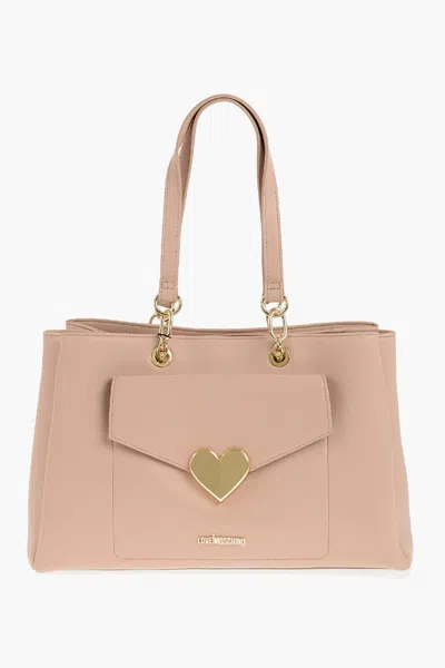 Moschino Love Faux Leather Tote Bag With Golden Logo In Beige
