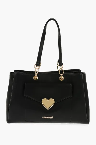 Moschino Love Faux Leather Tote Bag With Golden Logo In Black