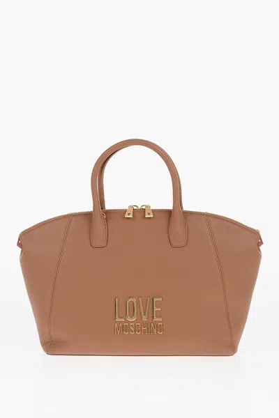 Moschino Love Faux Leather Tote Bag With Golden Logo In Brown