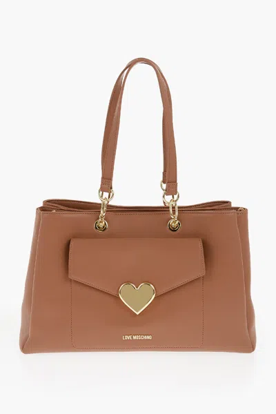 Moschino Love Faux Leather Tote Bag With Golden Logo In Brown