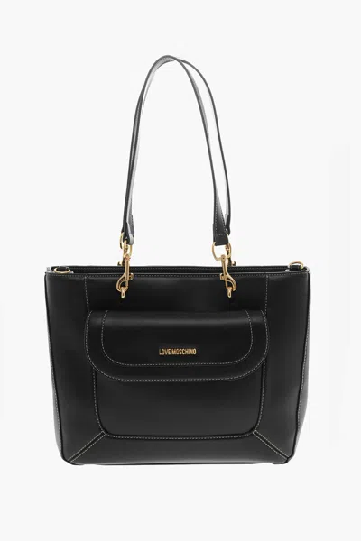 Moschino Love Faux Leather Tote Bag With Visible Stitching In Black