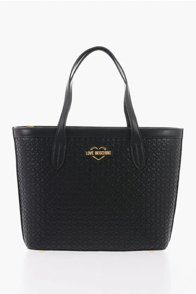 Moschino Love Faux Leather Valentina Tote Bag With All-over Hearts In Black