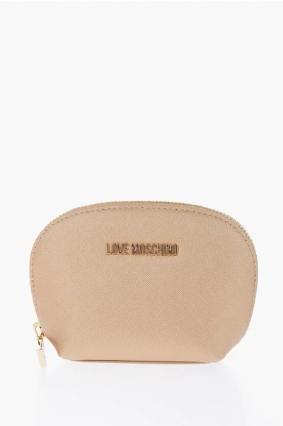 Moschino Love Golden Effect Saffiano Faux Leather Necessaire In Brown