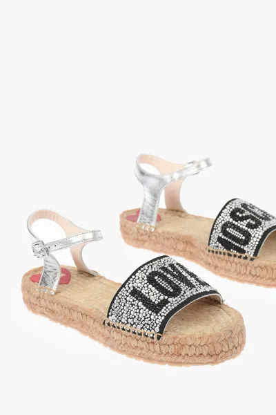 Moschino Love Laminated Leather Ankle Strap Sandals With Rhinestoned In Silver