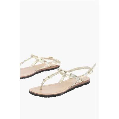 Moschino Love Laminated Leather Thong Sandals Capri With Studs In Neutral