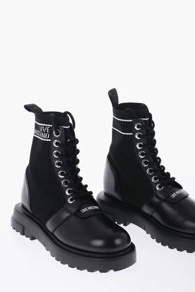 Moschino Love Leather And Fabric Combat Boots With Contrasting Detail In Black