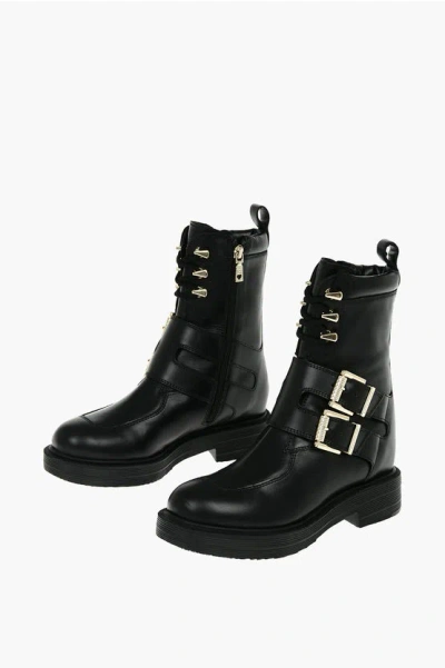 Moschino Love Leather Ankle Boots With Golden Details In Black