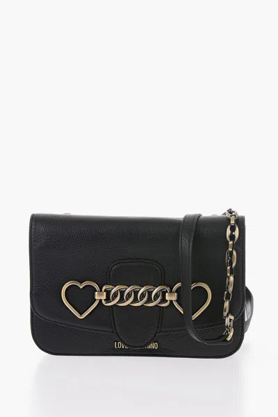 Moschino Love Leather Crossbody Bag With Heart Shaped Clamp In Black