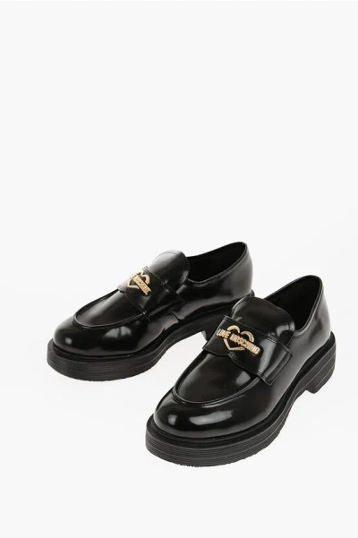 Moschino Love Leather Loafers With Chunky Sole And Golden Logo 4cm In Black