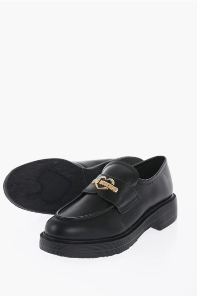 Moschino Love Leather Loafers With Heart-shaped Detail In White
