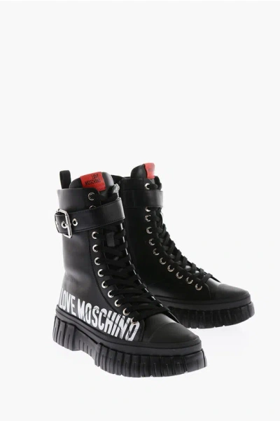 Moschino Love Leather Side Logo-printed Combat Boots With Buckle Cont In Black