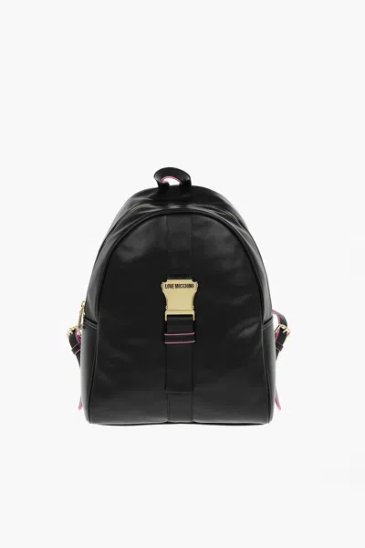 Moschino Love Logoed Shoulder Strap Faux Leather Safety Backpack In Black