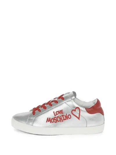 Moschino Love Logo-embroidered Laminated-leather Sneakers In Silver
