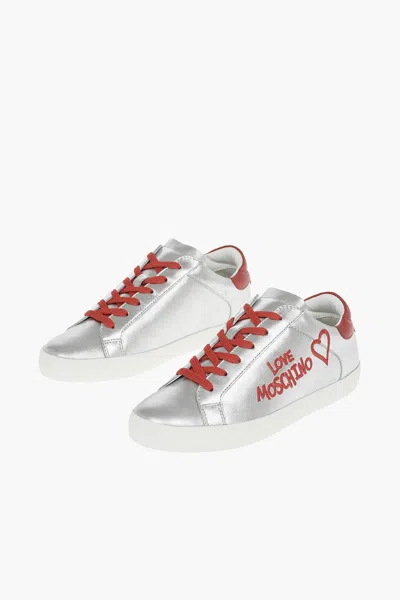 Moschino Love Metallic Leather Sneakers In Silver