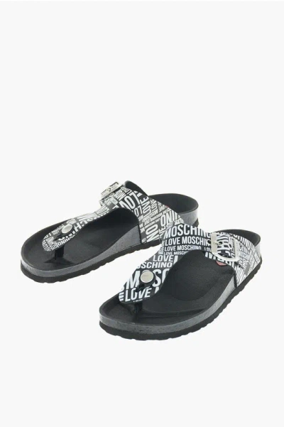 Moschino Love  All Over Logo Printed Two Tone Birki30 Thong S In Multi