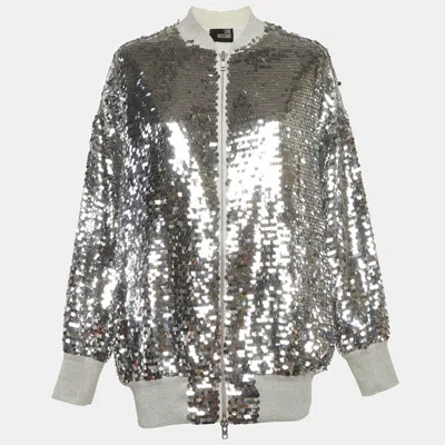 Moschino Love  Silver Cotton Knit Sequins Bomber Jacket