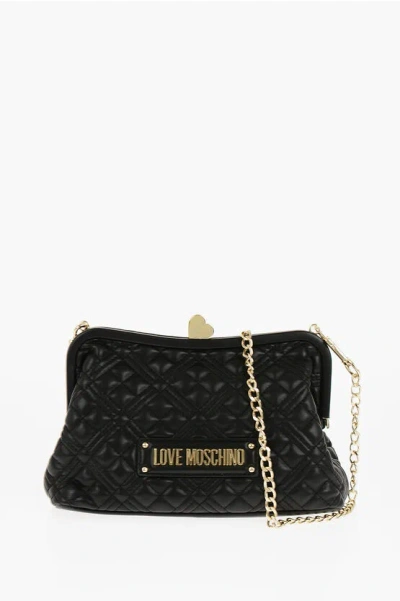 Moschino Love Quilted Faux Leather Bag With Golden Chain And Heart De In Blue