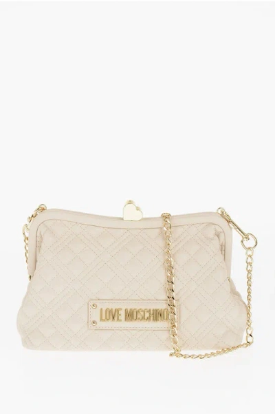 Moschino Love Quilted Faux Leather Bag With Golden Chain And Heart De In Blue