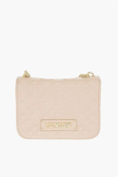 Moschino Love Quilted Faux Leather Shoulder Bag With Embossed Logo In Neutral