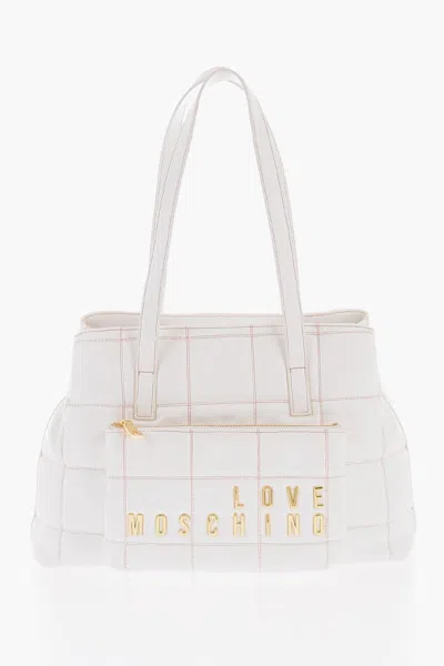 Moschino Love Quilted Faux Leather Shoulder Bag With Golden Logo In White