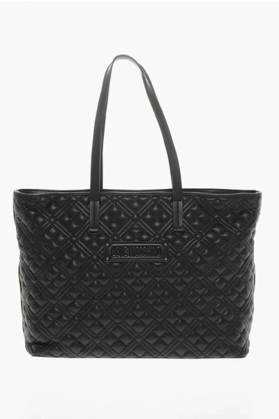 Moschino Love Quilted Faux Leather Tote Bag With Metal Logo In Burgundy