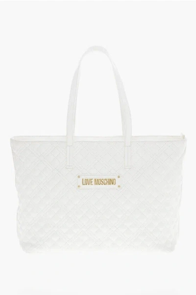 Moschino Love Quilted Faux Leather Tote Bag With Metal Logo In Burgundy