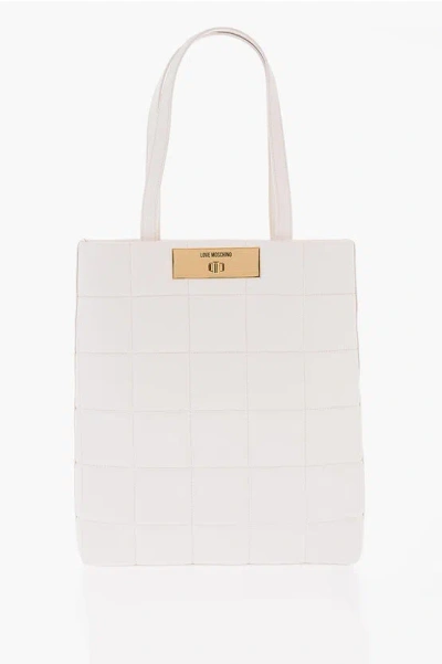 Moschino Love Quilted Faux Leather Tote Bag With Turn Lock Closure In White