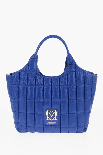Moschino Love Quilted Nylon Tote Bag With Faux Leather Trims In Blue