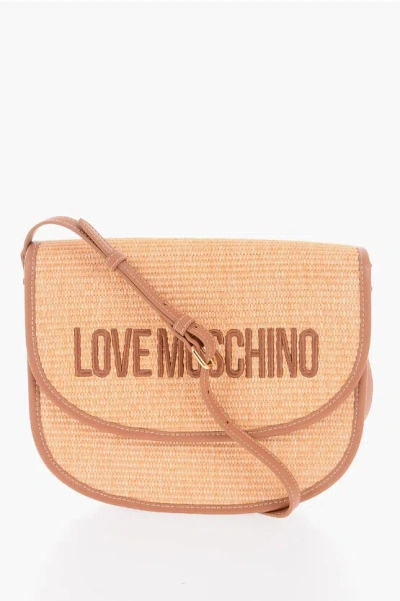 Moschino Love Rafia Crossbody Bag With Faux Leather Trimmings In Burgundy