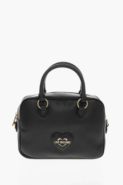 Moschino Love Saffiano Faux Leather Bag With Gold-colored Metal Logo In Brown